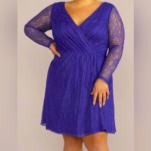 DAVID’S BRIDAL PLUS size LACE A-LINE WITH LONG ILLUSION SLEEVES,COBALT BLUE ,18